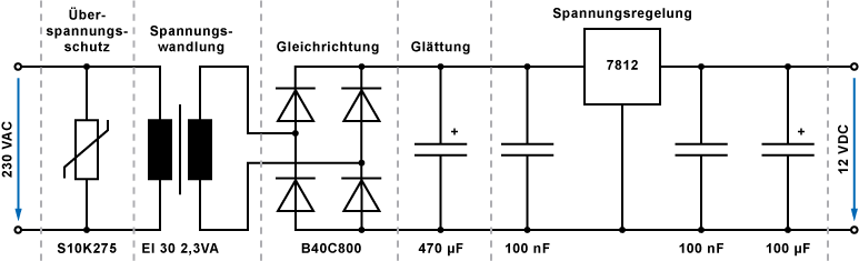 Beispiel-Schaltung für ein Festspannungsnetzteil